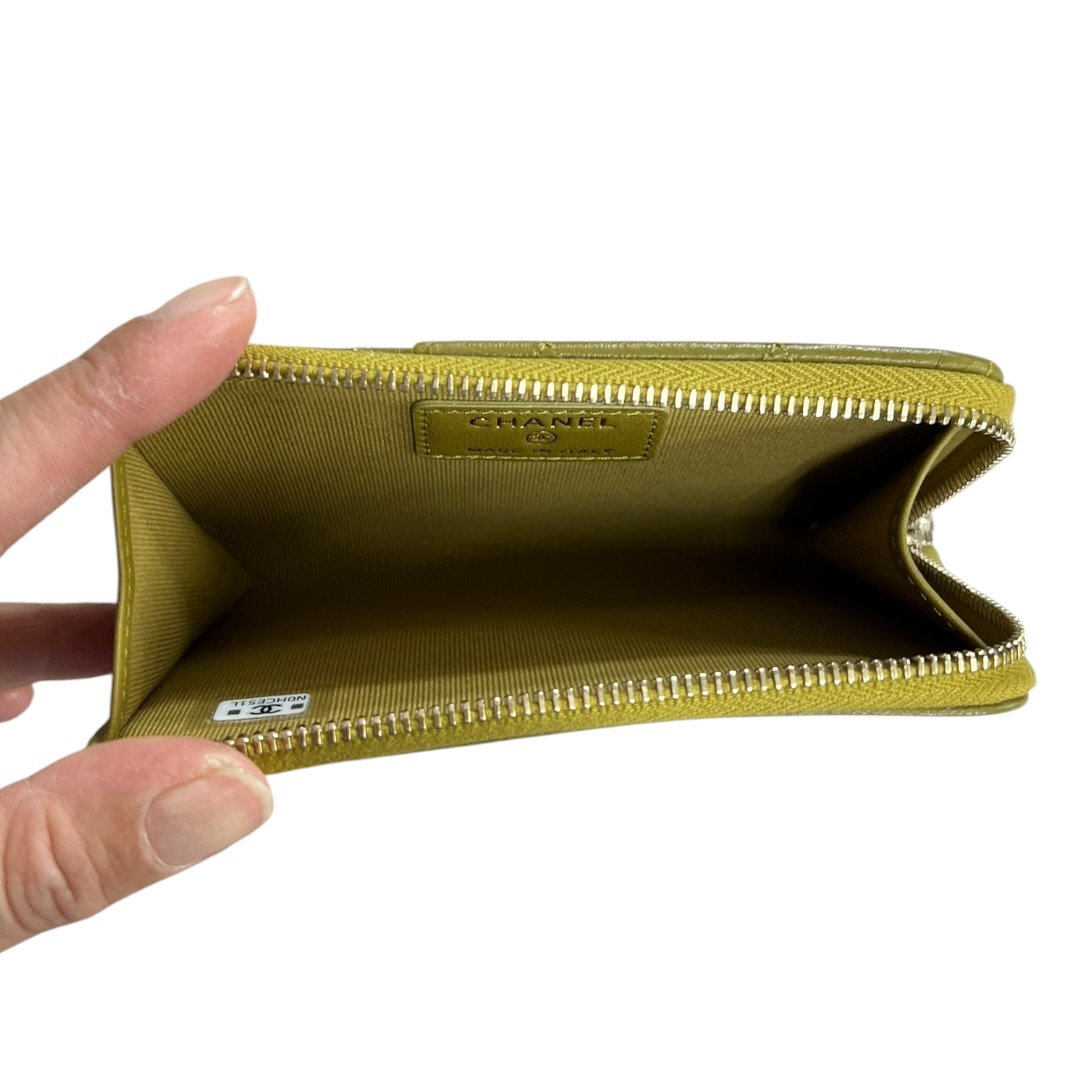 CHANEL Lambskin Quilted Zipped Card Holder Wallet Olive Green Silver Hardware CH2234
