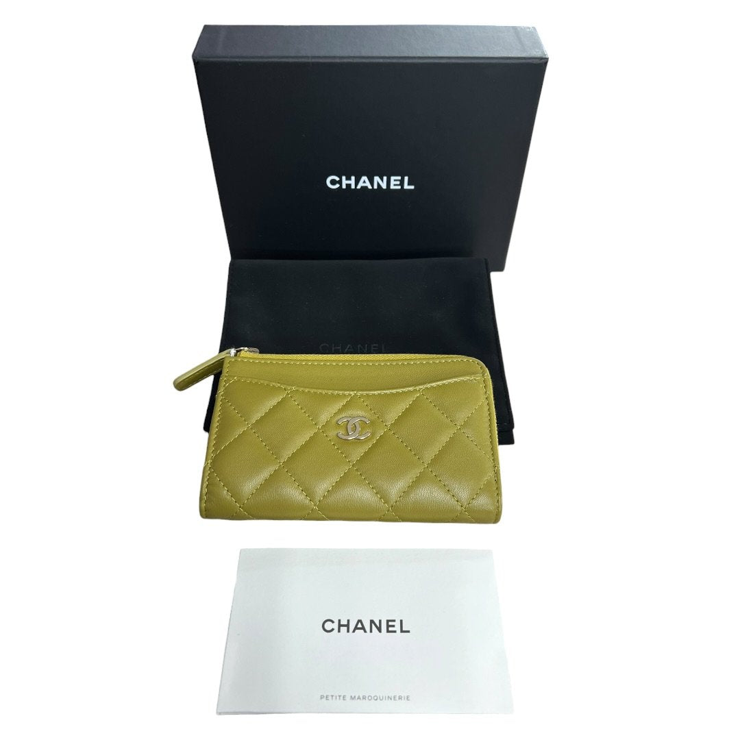 CHANEL Lambskin Quilted Zipped Card Holder Wallet Olive Green Silver Hardware CH2234