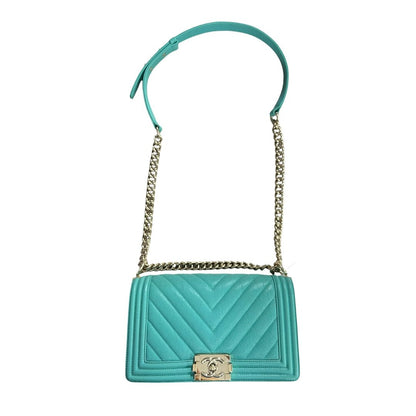 CHANEL Grained Calfskin Boy Bag Shoulder Bag Teal Gold Hardware CH2230