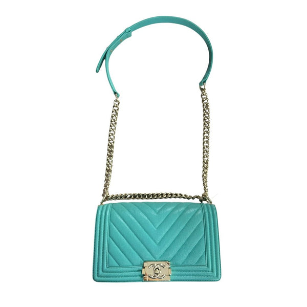 CHANEL Grained Calfskin Boy Bag Shoulder Bag Teal Gold Hardware CH2230
