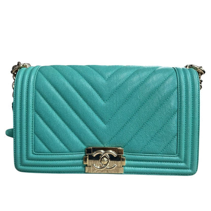 CHANEL Grained Calfskin Boy Bag Shoulder Bag Teal Gold Hardware CH2230