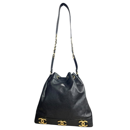 CHANEL Caviar Triple CC Drawstring Bucket Bag Shoulder Bag, Bucket Bag Black Gold Hardware CH2232