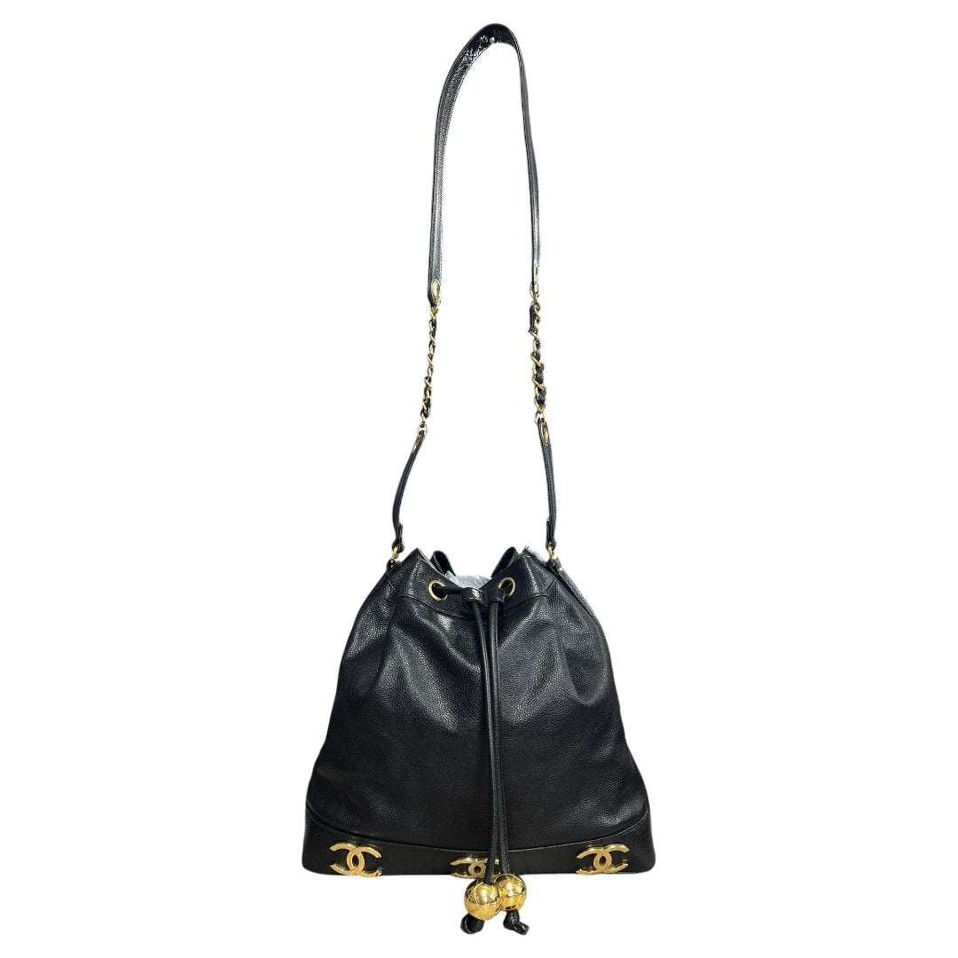 CHANEL Caviar Triple CC Drawstring Bucket Bag Shoulder Bag, Bucket Bag Black Gold Hardware CH2232