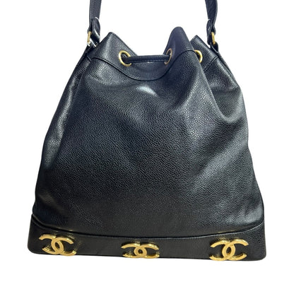 CHANEL Caviar Triple CC Drawstring Bucket Bag Shoulder Bag, Bucket Bag Black Gold Hardware CH2232