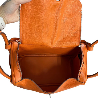 HERMES Clemence Lindy 30 Handbag Orange Silver Hardware HE483