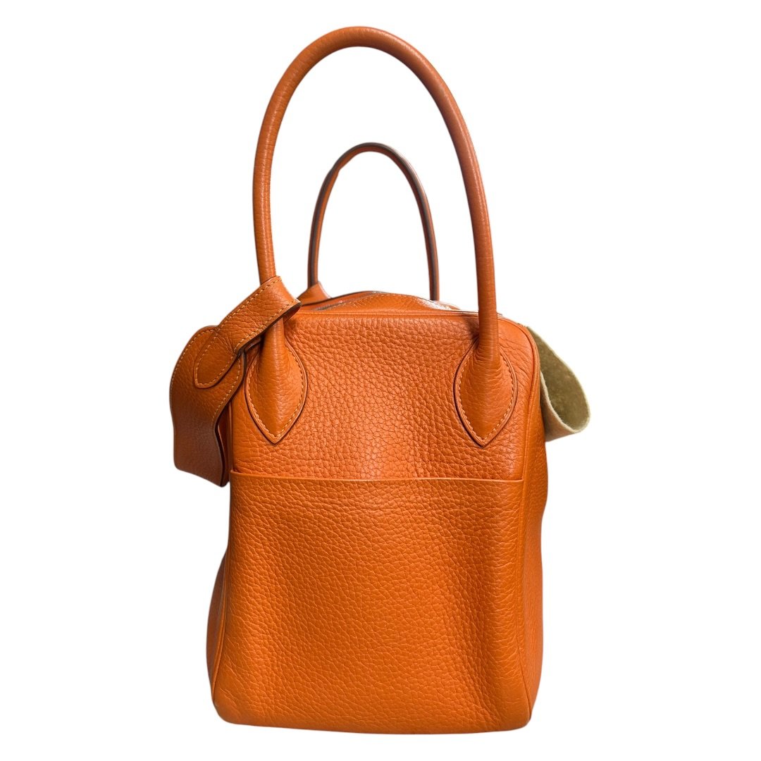 HERMES Clemence Lindy 30 Handbag Orange Silver Hardware HE483