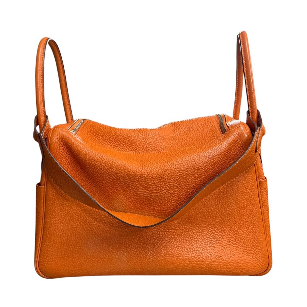 HERMES Clemence Lindy 30 Handbag Orange Silver Hardware HE483