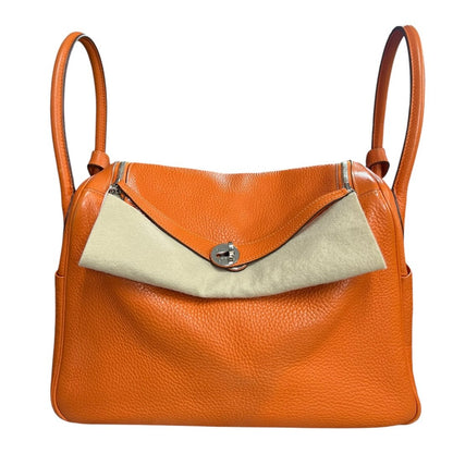 HERMES Clemence Lindy 30 Handbag Orange Silver Hardware HE483