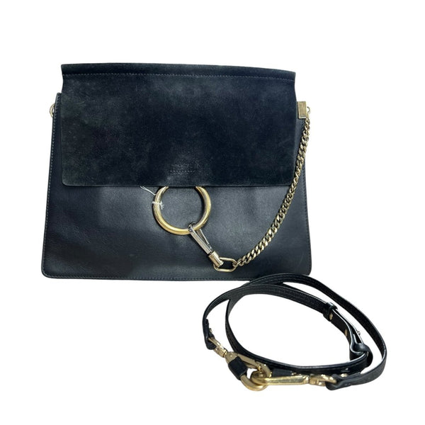 CHLOE Leather & Suede Faye Shoulder Bag Black Gold Hardware ch2225