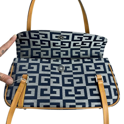 GIVENCHY Jacquard Canvas Shoulder Bag Dark Blue, Light Grey, Tan Silver Hardware GI43
