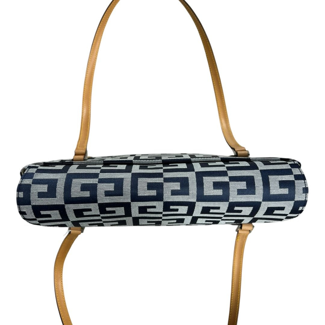 GIVENCHY Jacquard Canvas Shoulder Bag Dark Blue, Light Grey, Tan Silver Hardware GI43