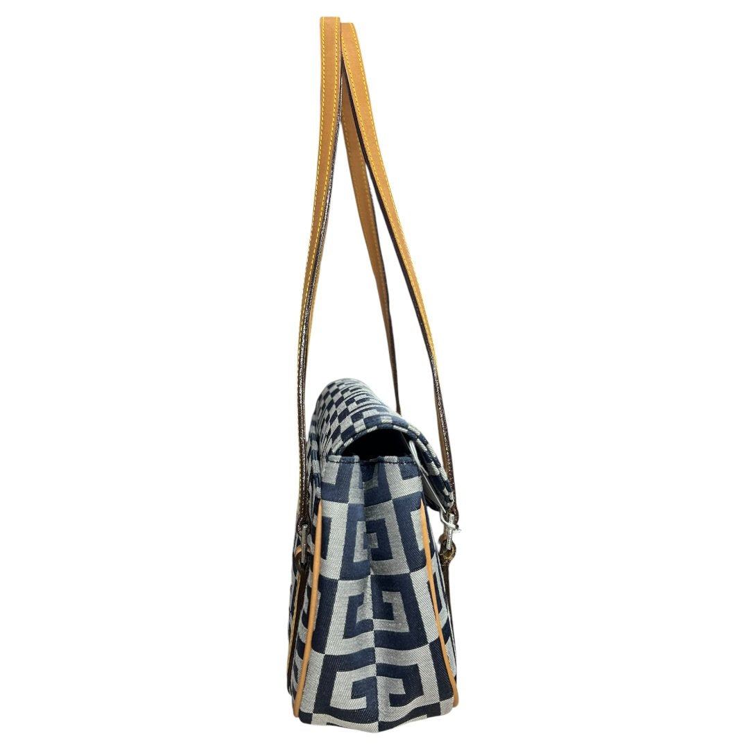 GIVENCHY Jacquard Canvas Shoulder Bag Dark Blue, Light Grey, Tan Silver Hardware GI43