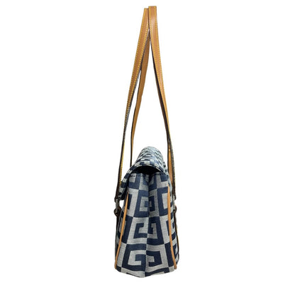 GIVENCHY Jacquard Canvas Shoulder Bag Dark Blue, Light Grey, Tan Silver Hardware GI43