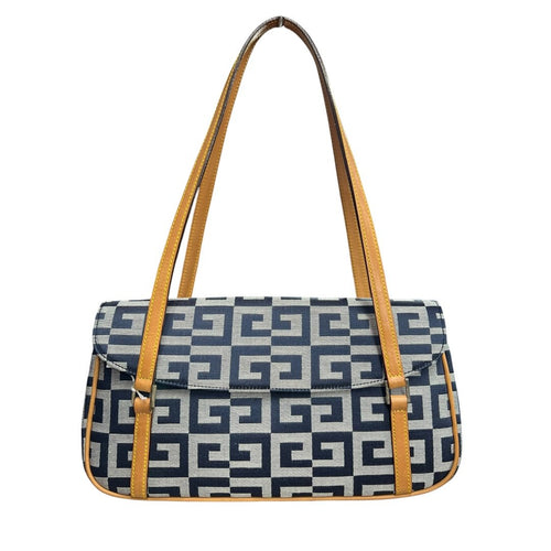 GIVENCHY Jacquard Canvas Shoulder Bag Dark Blue, Light Grey, Tan Silver Hardware GI43