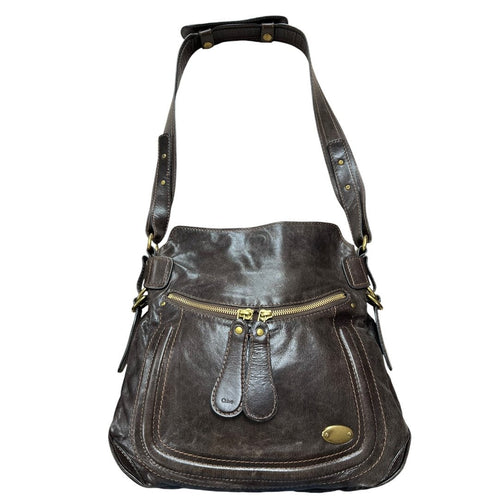 CHLOÉ Leather Bay Bag Shoulder Bag Dark Brown Gold Hardware ch2241