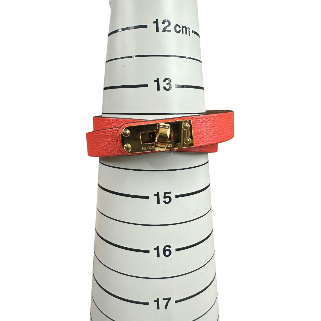 HERMES Leather Kelly Double Tour Bracelet Orange Gold Hardware NJ108