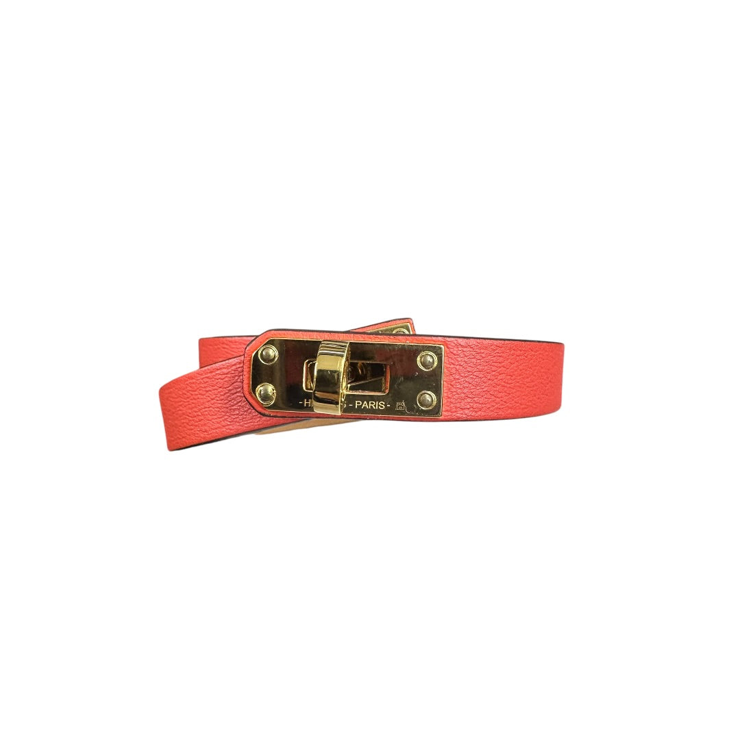HERMES Leather Kelly Double Tour Bracelet Orange Gold Hardware NJ108