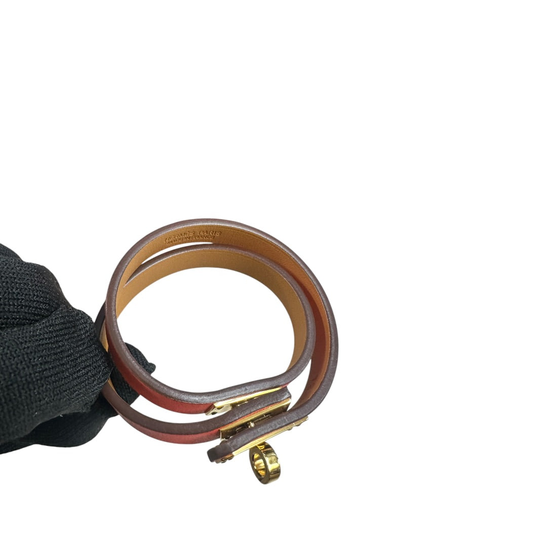 HERMES Leather Kelly Double Tour Bracelet Orange Gold Hardware NJ108