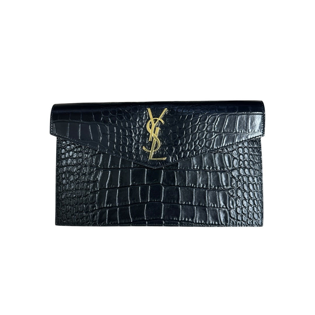 SAINT LAURENT Croc Embossed Leather Uptown Pouch Black Gold Hardware NJ99