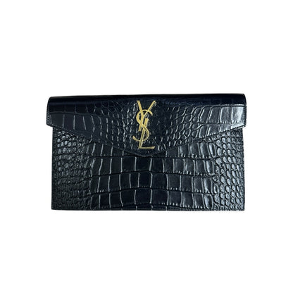 SAINT LAURENT Croc Embossed Leather Uptown Pouch Black Gold Hardware NJ99