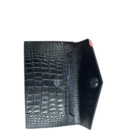 SAINT LAURENT Croc Embossed Leather Uptown Pouch Black Gold Hardware NJ99