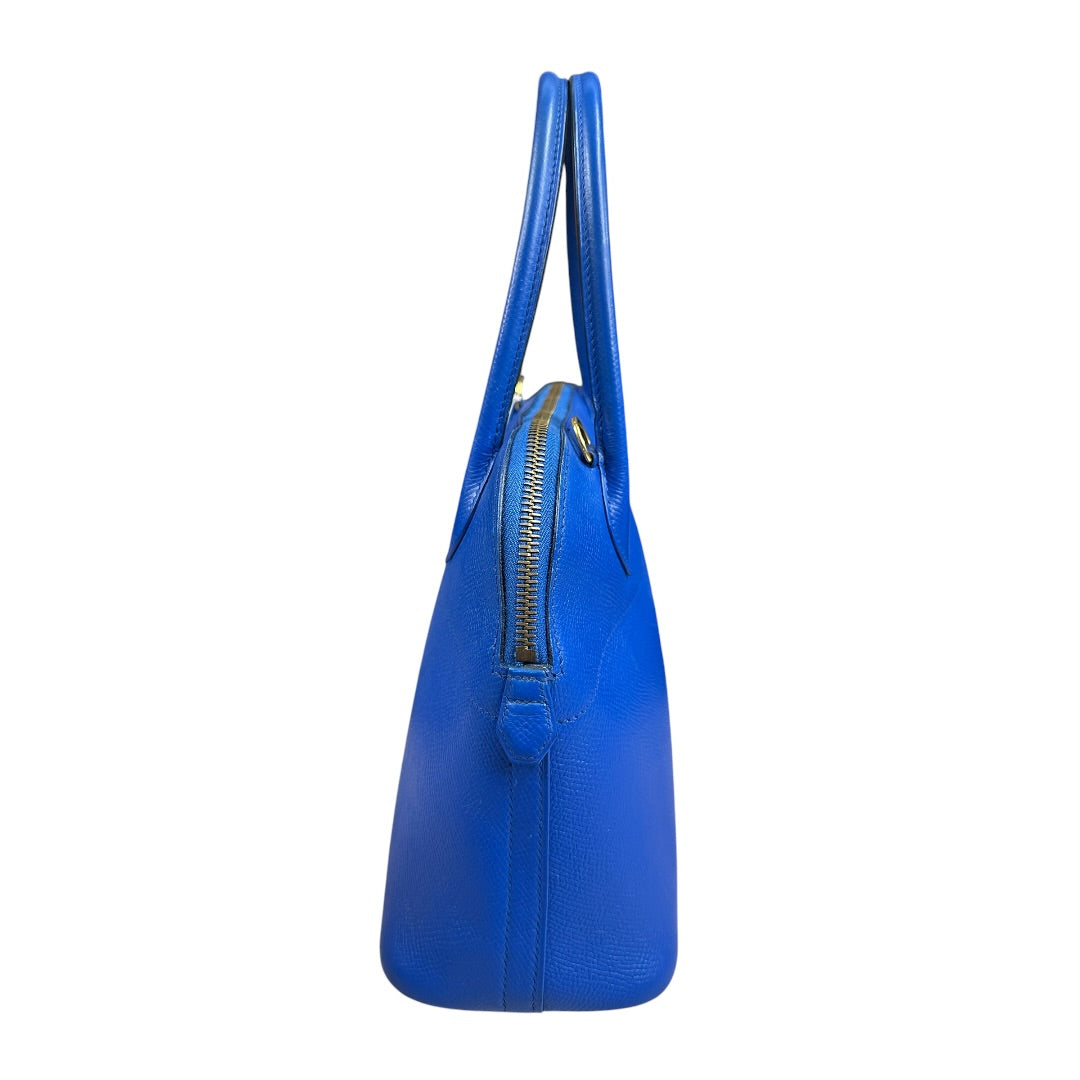 HERMES Courchevel Bolide Handbag Blue Gold Hardware HE485