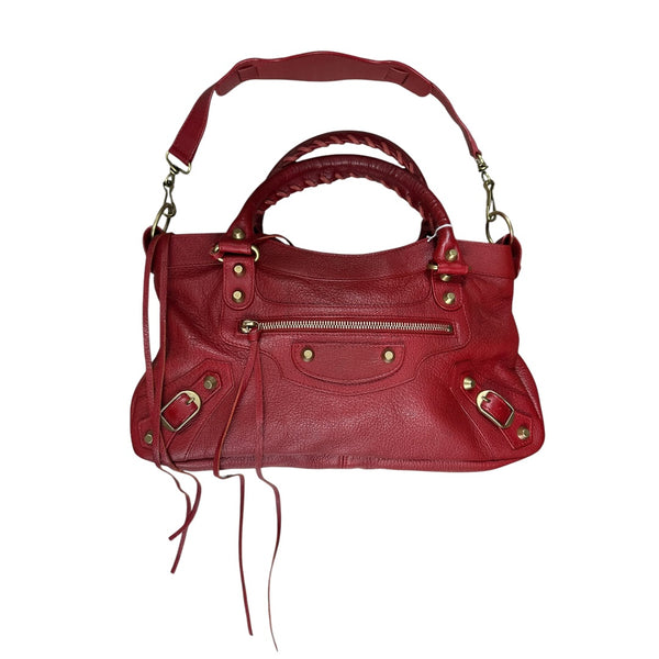 BALENCIAGA Leather City Handbag Red Gold Hardware BA46