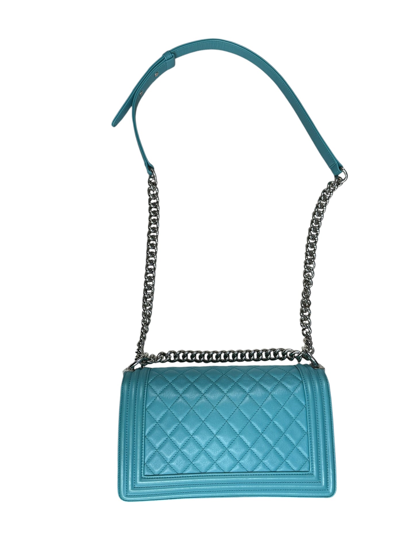 CHANEL Lambskin Boy Chanel 25 Shoulder Bag Turquoise Blue Silver Hardware CH2245