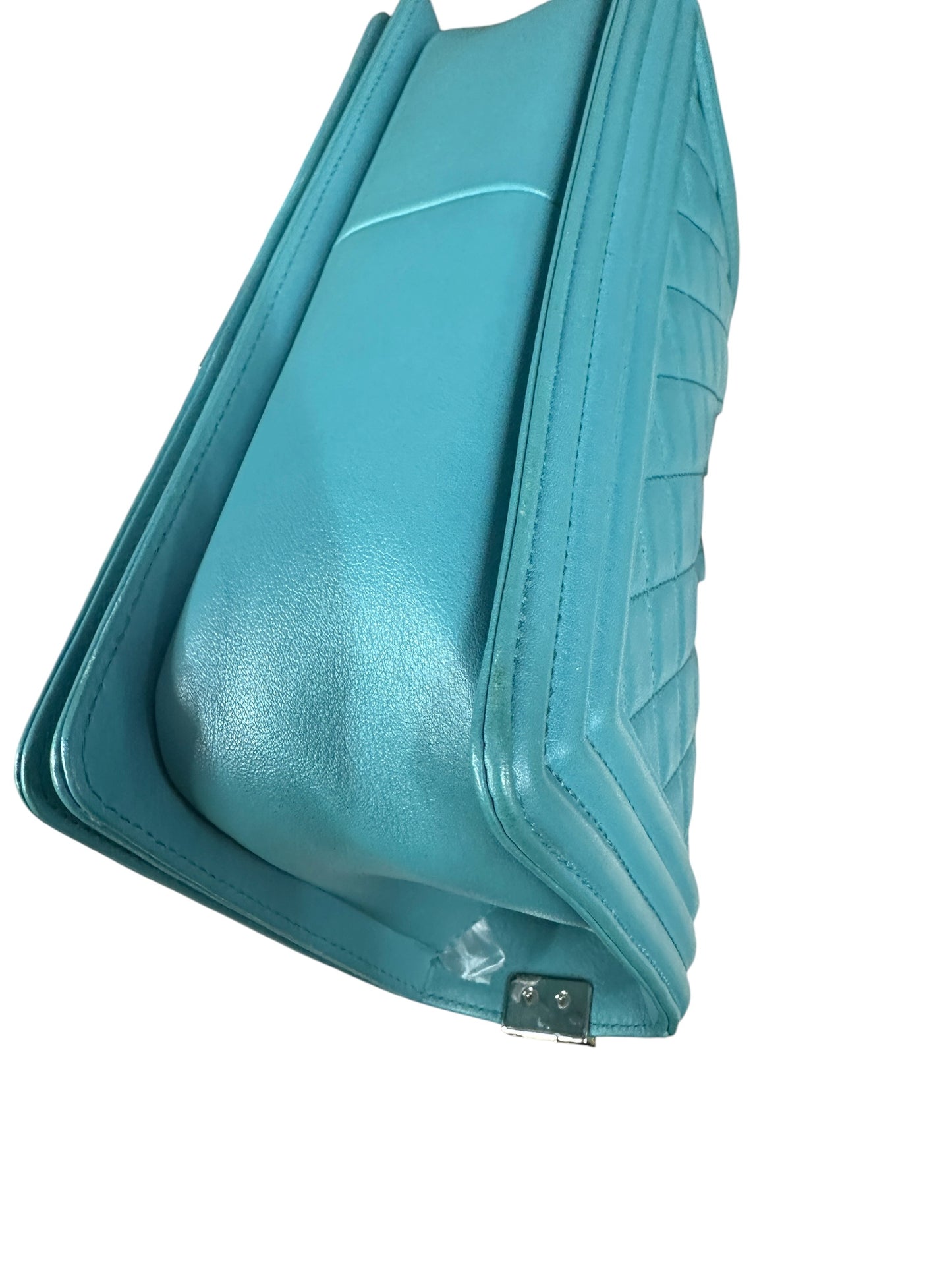 CHANEL Lambskin Boy Chanel 25 Shoulder Bag Turquoise Blue Silver Hardware CH2245