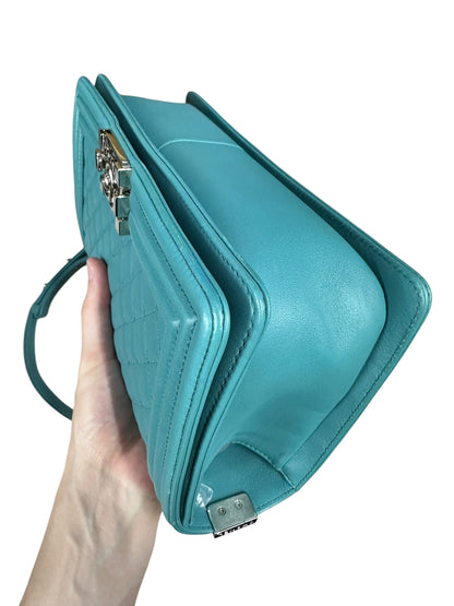 CHANEL Lambskin Boy Chanel 25 Shoulder Bag Turquoise Blue Silver Hardware CH2245