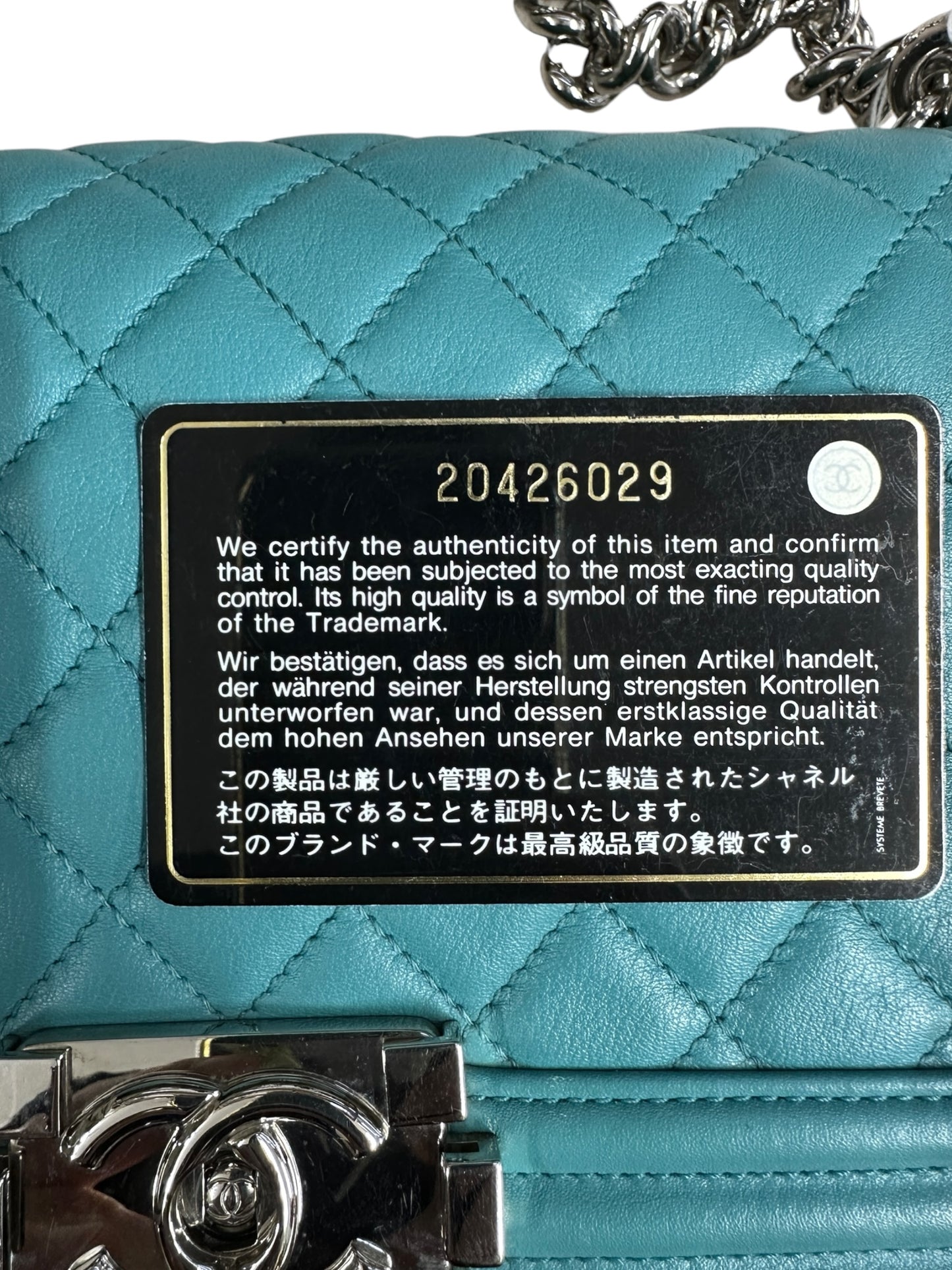 CHANEL Lambskin Boy Chanel 25 Shoulder Bag Turquoise Blue Silver Hardware CH2245