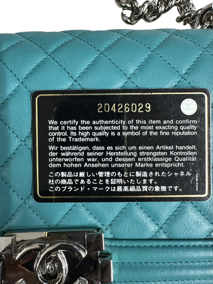 CHANEL Lambskin Boy Chanel 25 Shoulder Bag Turquoise Blue Silver Hardware CH2245