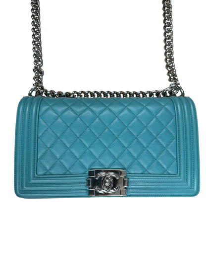 CHANEL Lambskin Boy Chanel 25 Shoulder Bag Turquoise Blue Silver Hardware CH2245