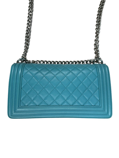 CHANEL Lambskin Boy Chanel 25 Shoulder Bag Turquoise Blue Silver Hardware CH2245