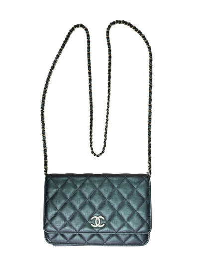 CHANEL Caviar Leather Matelasse 19 Chain Wallet Metallic Grey Gold Hardware CH2246