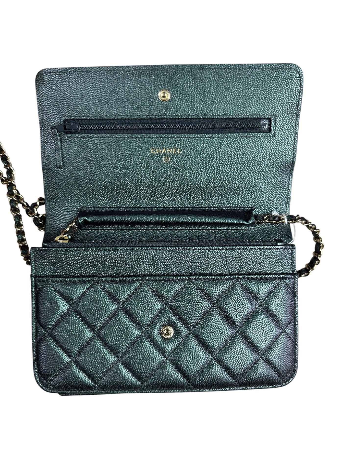 CHANEL Caviar Leather Matelasse 19 Chain Wallet Metallic Grey Gold Hardware CH2246