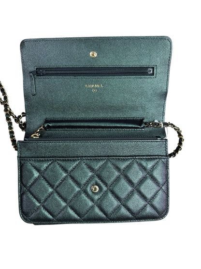 CHANEL Caviar Leather Matelasse 19 Chain Wallet Metallic Grey Gold Hardware CH2246