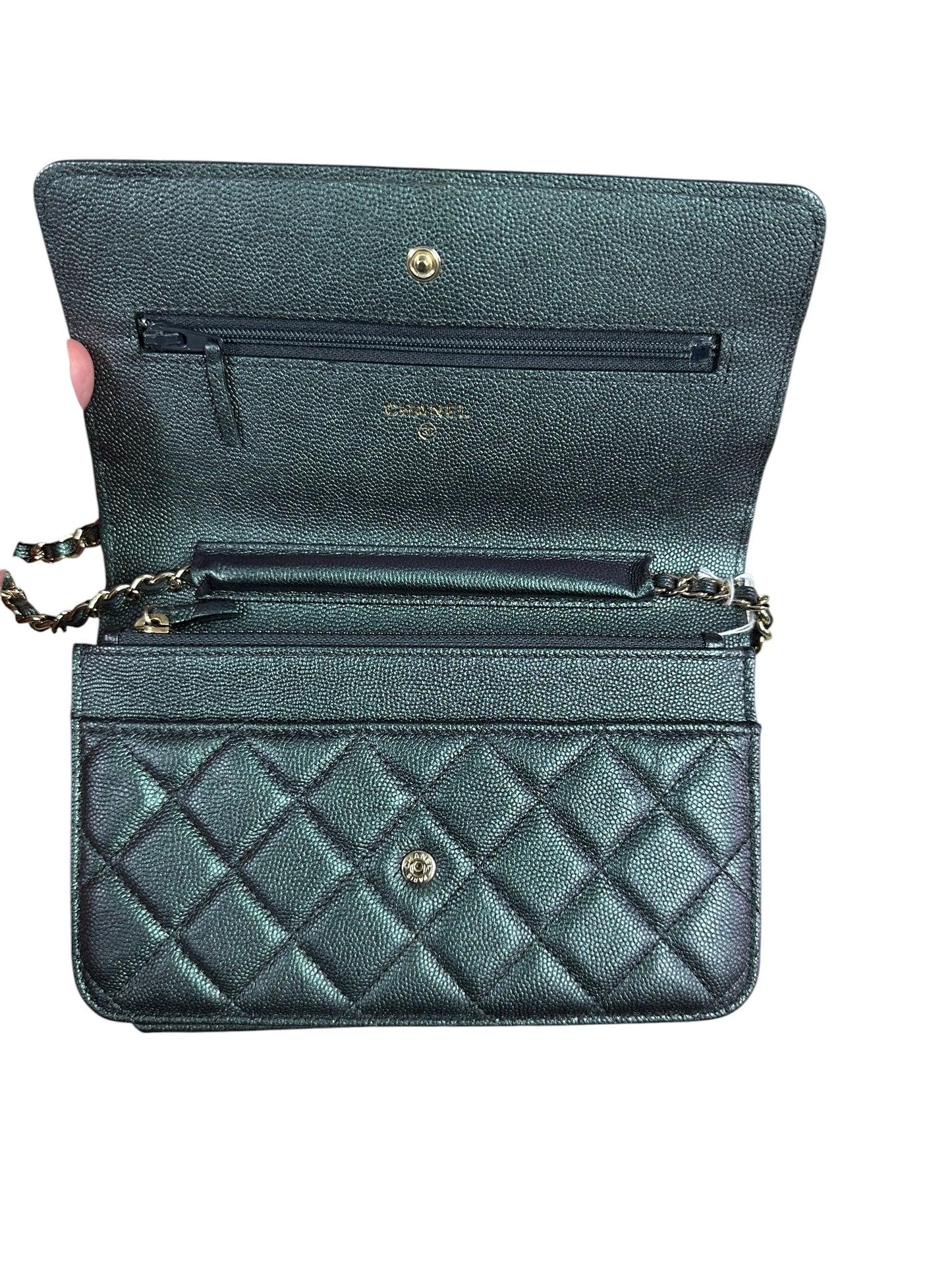 CHANEL Caviar Leather Matelasse 19 Chain Wallet Metallic Grey Gold Hardware CH2246
