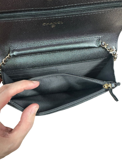 CHANEL Caviar Leather Matelasse 19 Chain Wallet Metallic Grey Gold Hardware CH2246