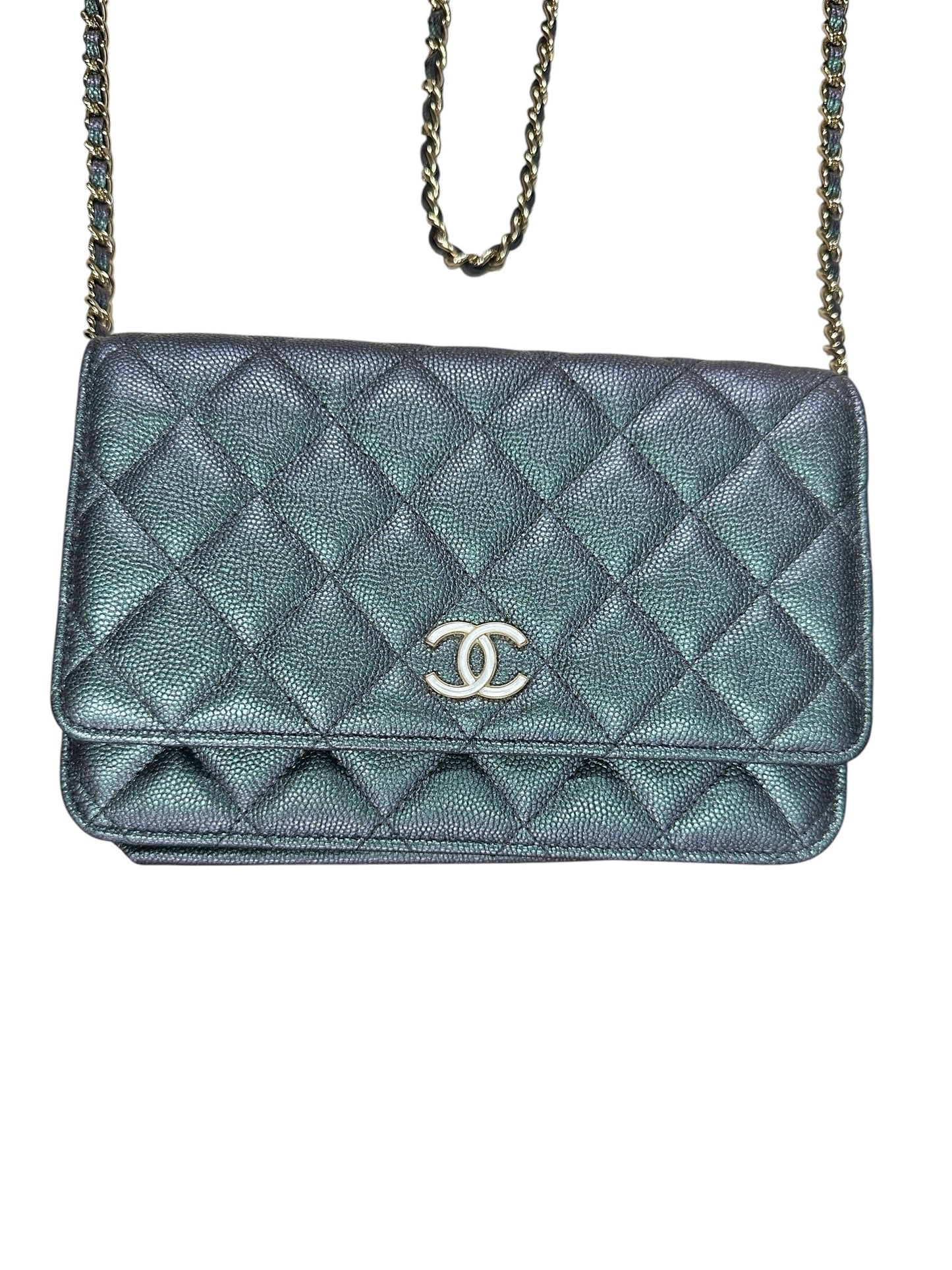 CHANEL Caviar Leather Matelasse 19 Chain Wallet Metallic Grey Gold Hardware CH2246