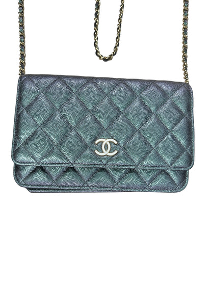 CHANEL Caviar Leather Matelasse 19 Chain Wallet Metallic Grey Gold Hardware CH2246