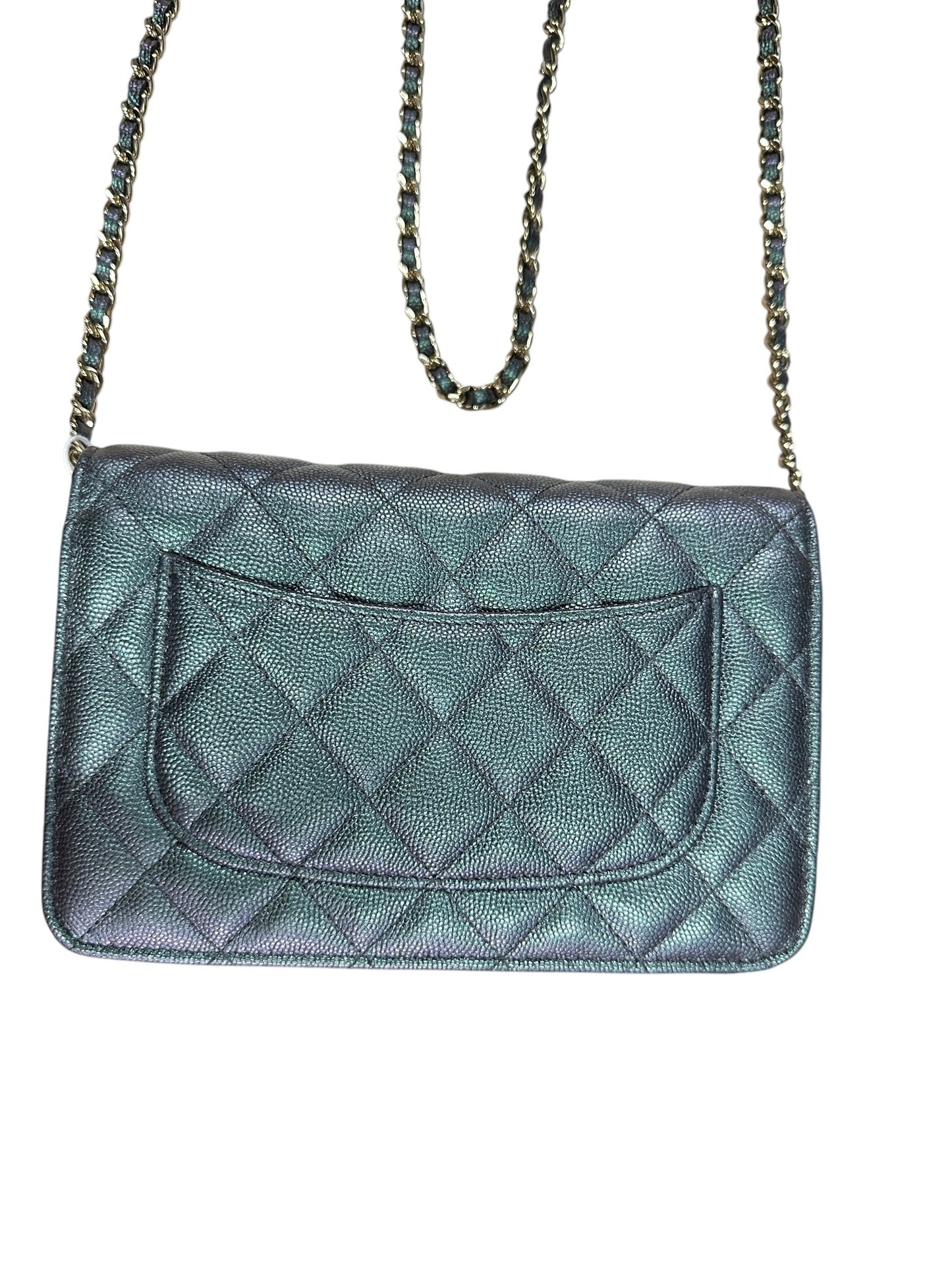 CHANEL Caviar Leather Matelasse 19 Chain Wallet Metallic Grey Gold Hardware CH2246