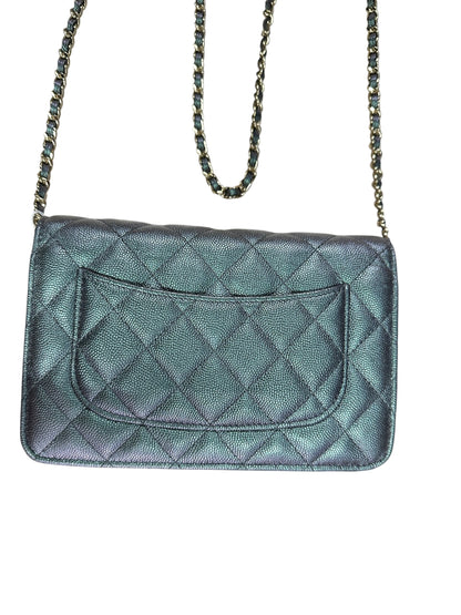 CHANEL Caviar Leather Matelasse 19 Chain Wallet Metallic Grey Gold Hardware CH2246