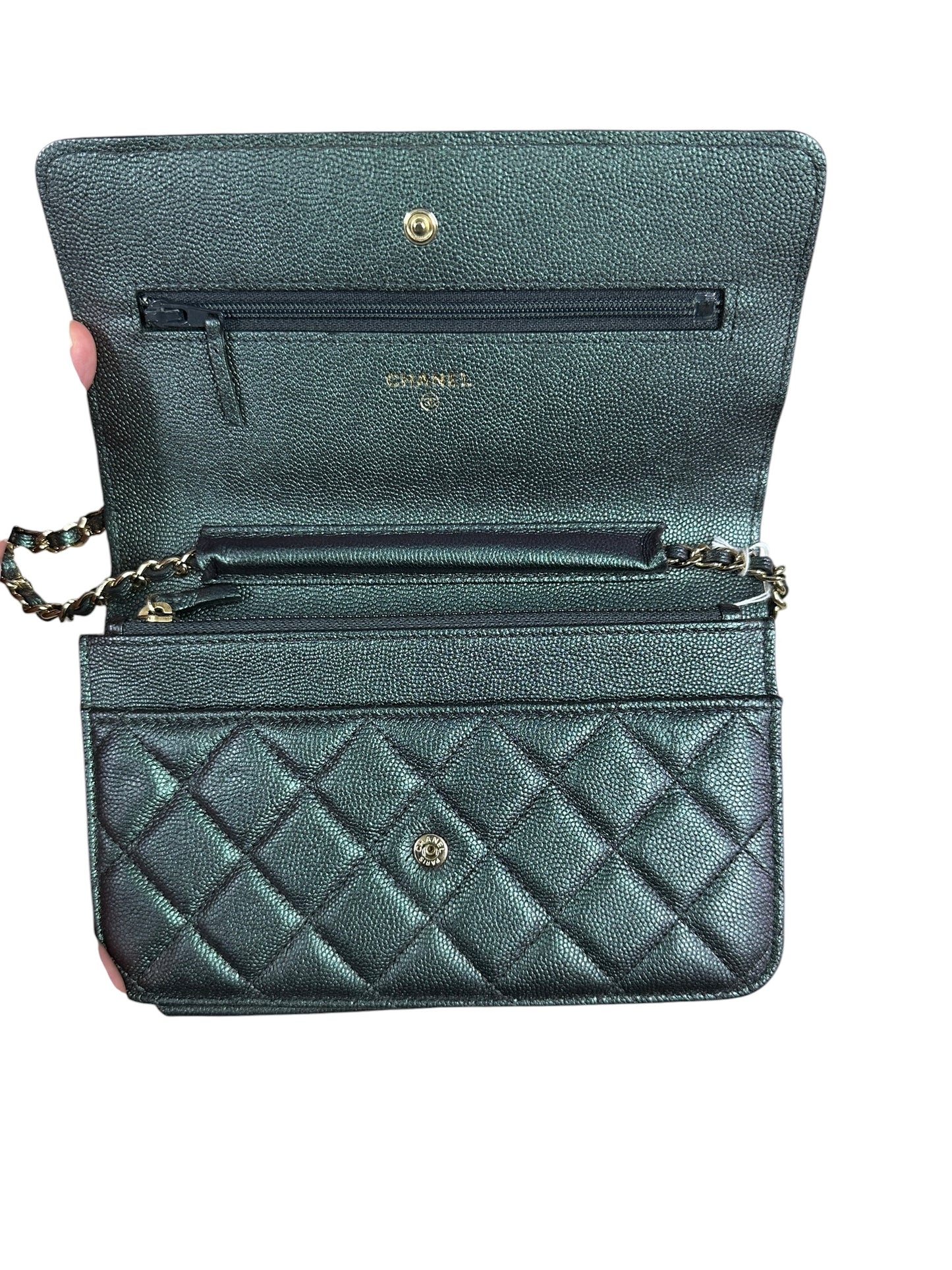 CHANEL Caviar Leather Matelasse 19 Chain Wallet Metallic Grey Gold Hardware CH2246