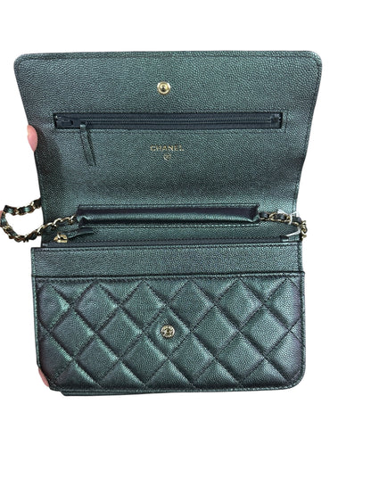 CHANEL Caviar Leather Matelasse 19 Chain Wallet Metallic Grey Gold Hardware CH2246