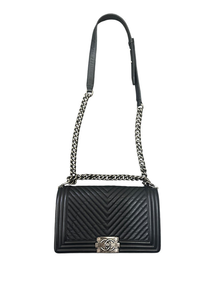 CHANEL Chevron Lambskin Boy Chanel Medium Shoulder Bag Black Ruthenium Hardware CH2249