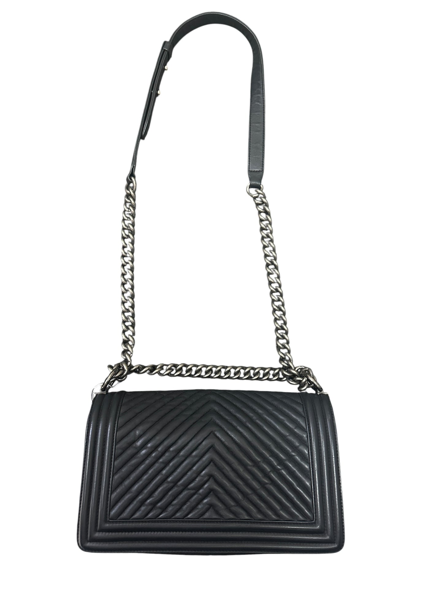 CHANEL Chevron Lambskin Boy Chanel Medium Shoulder Bag Black Ruthenium Hardware CH2249
