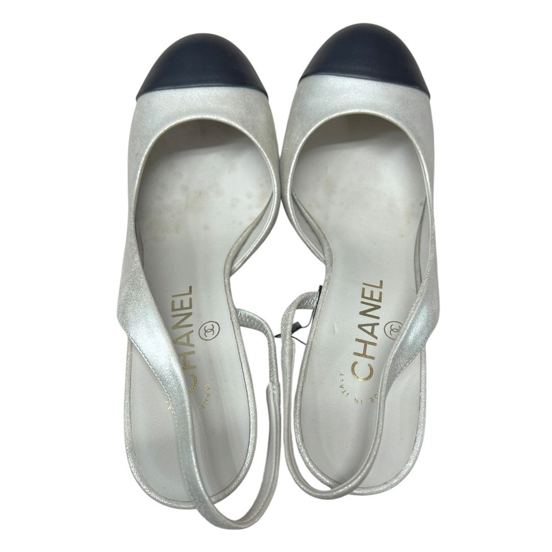 CHANEL Leather Pearl-heeled Slingbacks Silver and Black Gold-tone Hardware NJ157