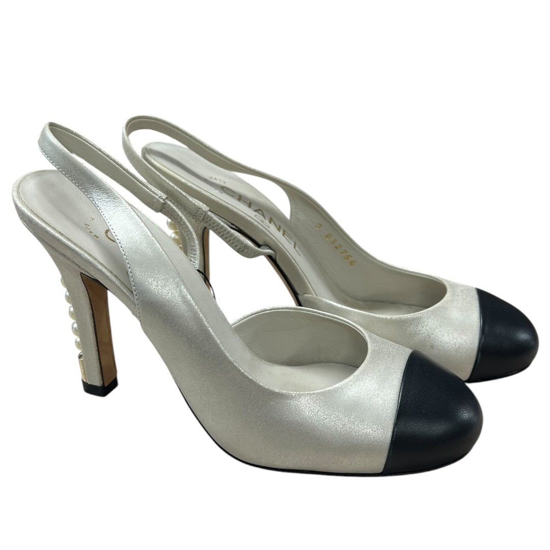 CHANEL Leather Pearl-heeled Slingbacks Silver and Black Gold-tone Hardware NJ157