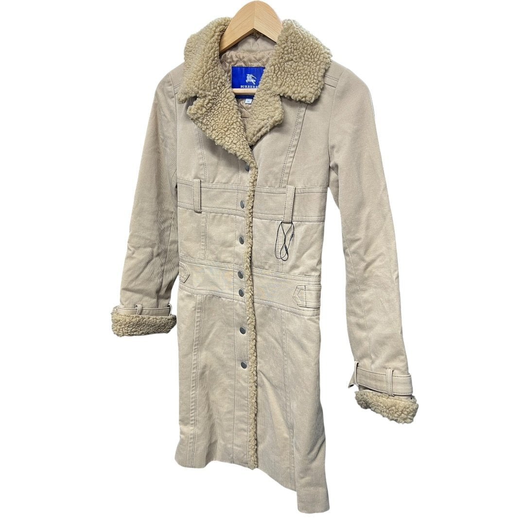 BURBERRY Corduroy Blue Label Corduroy Shearling Trim Coat Beige Silver Hardware NJ142